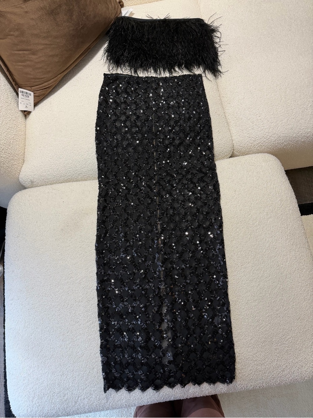 Black Sequin Lace Maxi Skirt with Feather bandeau top